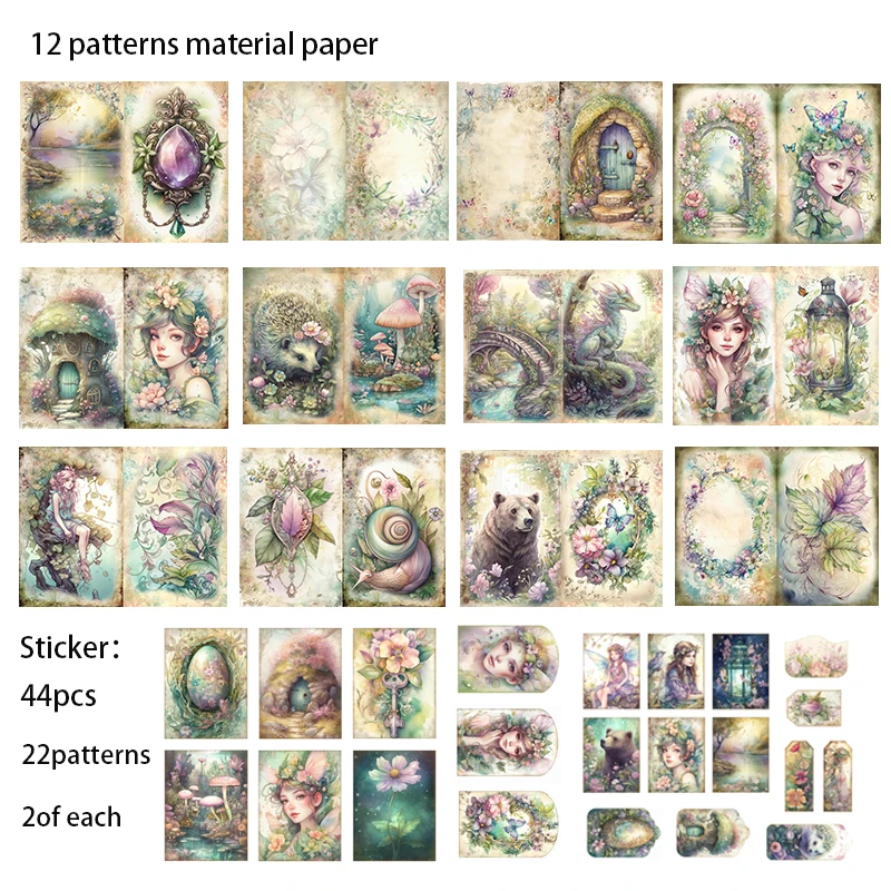 56pcs Paper and Sticker, Spring Forest Fairy Theme for Gift Tag, DIY Paper Craft for Junk Journal,Scrapbooking,Adventure Alblum