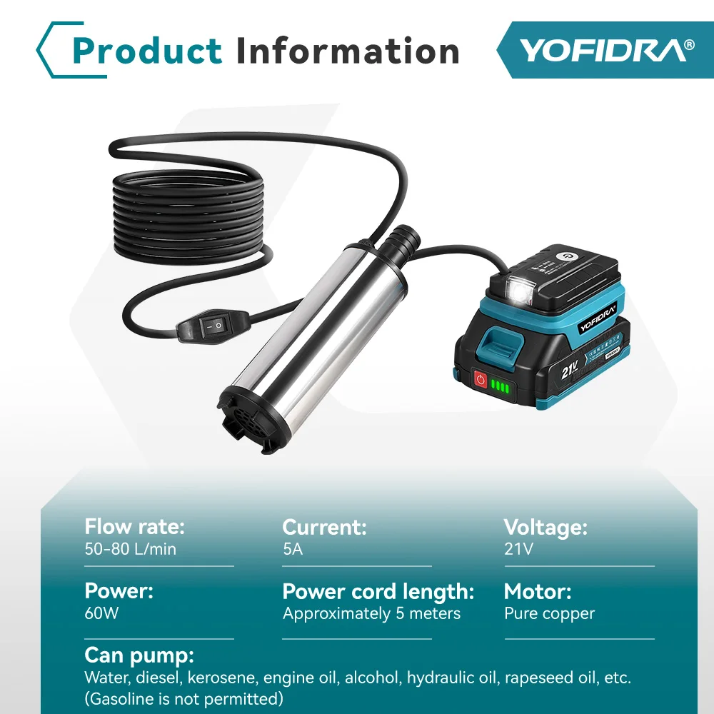 YOFIDRA 50-80L/min 500CM Electric Water Pump Cordless Submersible Drainage Pump Wastewater Treatment Tool For Makita Battery Pin