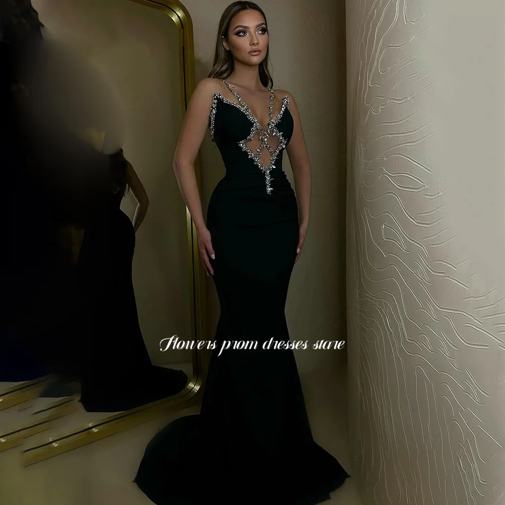 

Flowers Black Party Dress Beading Evening Dress Sexy Halter Prom Dress Vestido De Novia فستان سهرة Arabic Women Customized