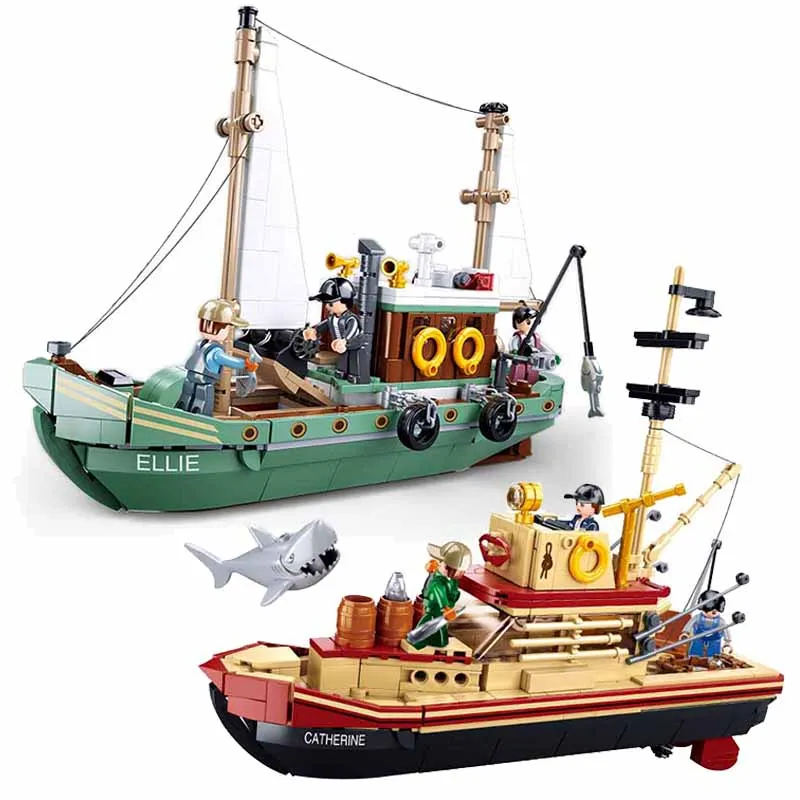 

New SLUBAN Fishing Boat Vessel Fisherman Trawlboat Building Blocks Sets DIY Pirate Ship Model Dolls Brick Children Toys Gifts