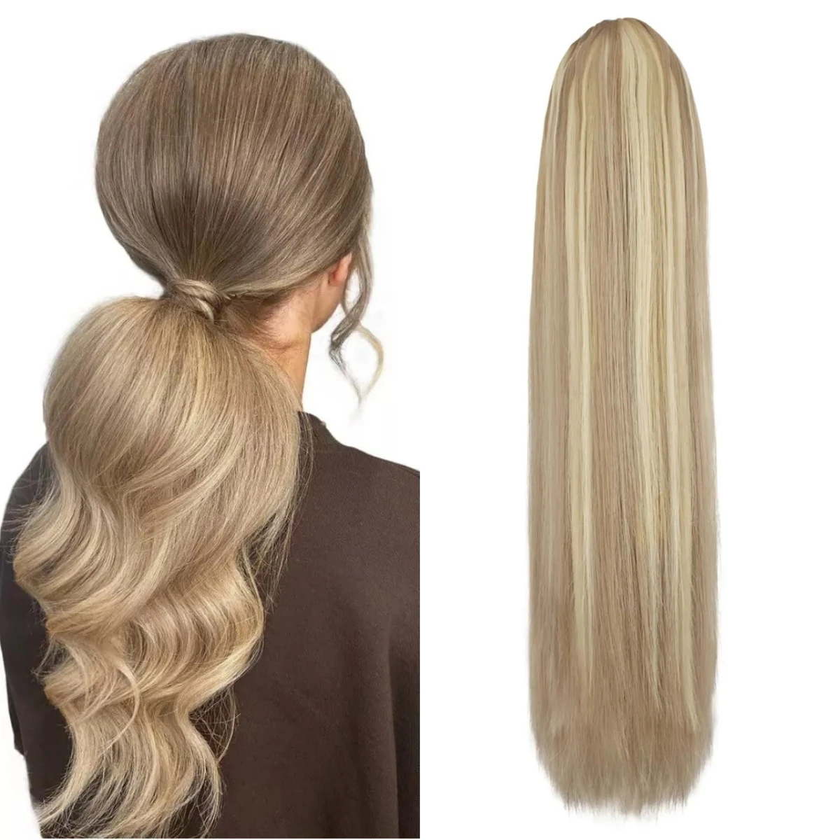 Highlight Blonde Long Ponytail 120G Clip In Hair Extensions Drawstring Straight Clip In 100% Real Human Hair Extensions #P8/613