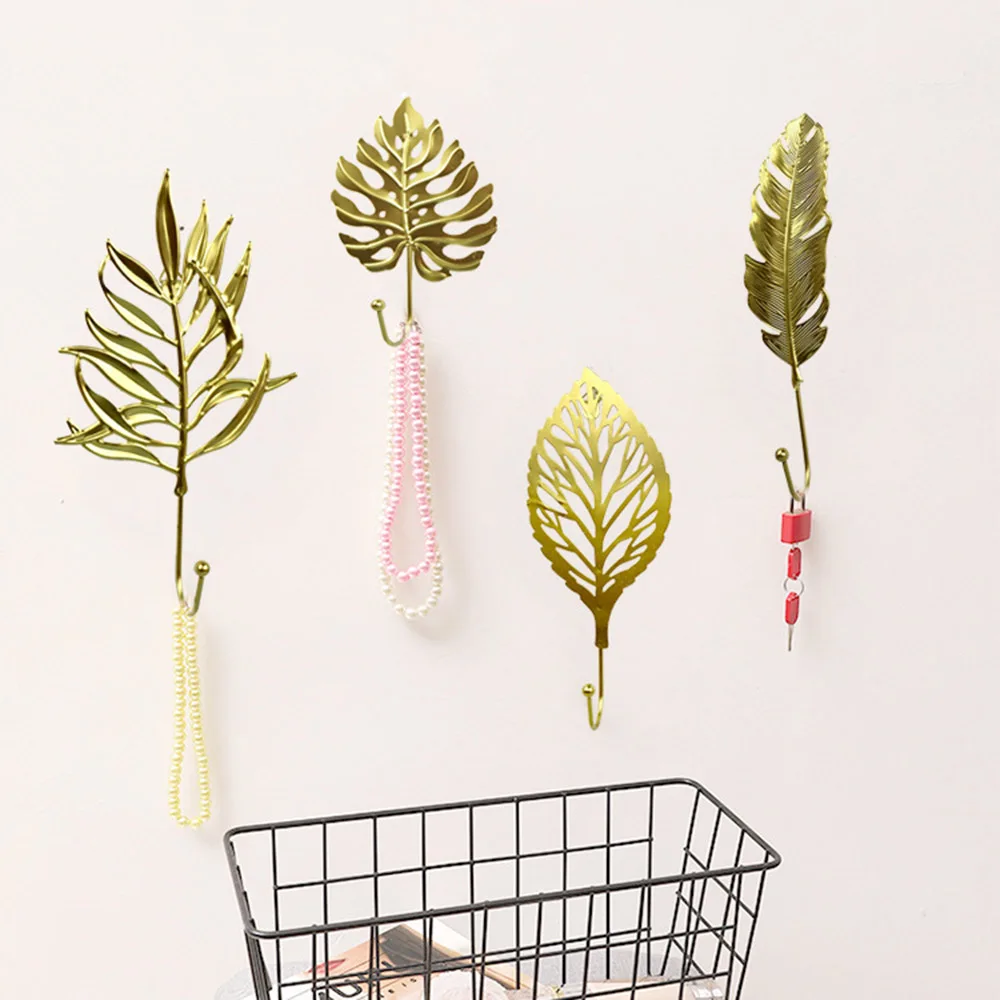 

Gold/Green For Towel Clothes Bathroom Organization Leaf Shape Wrought Iron Hook Wall Hanger Hanging Storage Rack