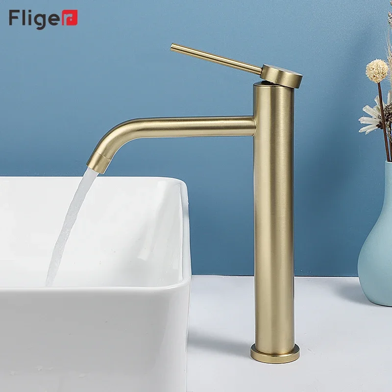 Fliger Brushed Gold Bathroom Sink Faucet Tall Basin Faucets Bathroom Faucet Hot Cold Water Mixer Countertop Sink Faucets