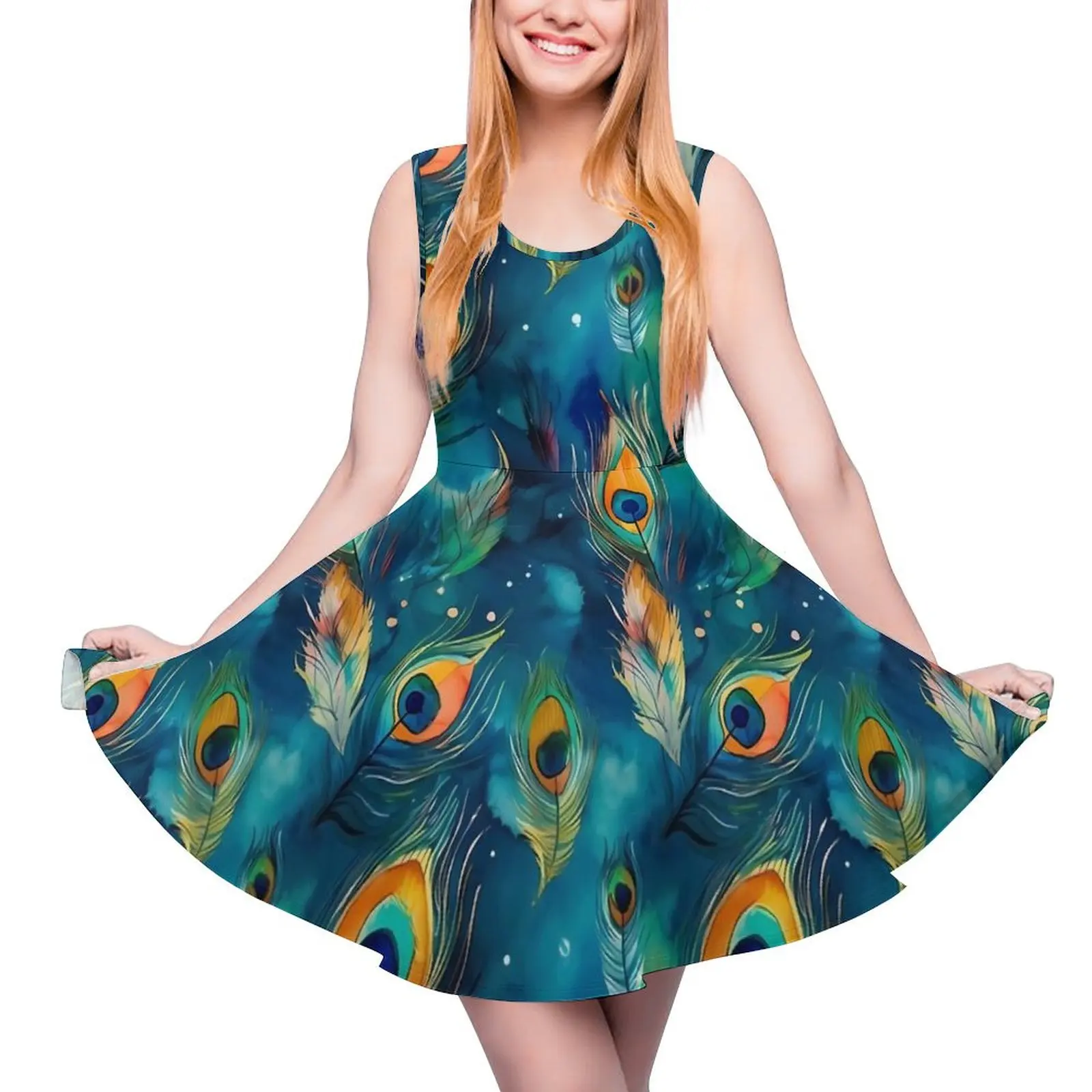 

Watercolor Peacock Feather Dress Abstract Art Sexy Dresses High Waist Aesthetic Skate Dress Ladies Custom Vestido Birthday Gift