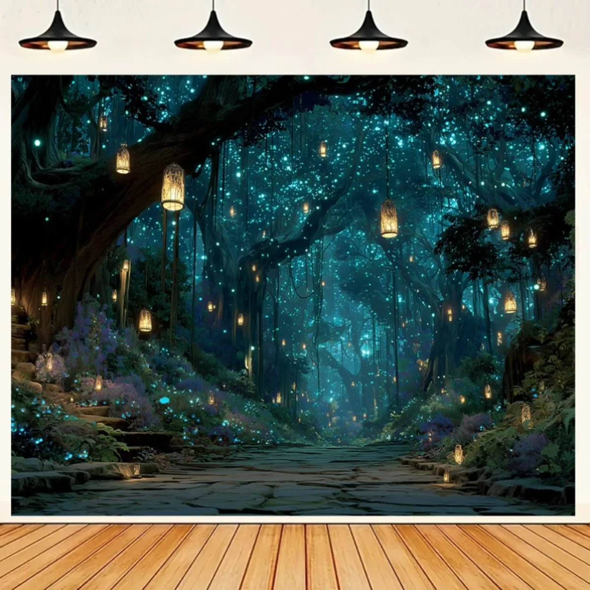 Magical Glowing Forest Tapestry 2D Flat Fantasy Tree Lantern Wall Hanging for Living Room Bedroom Mystical Art Fabric Poster