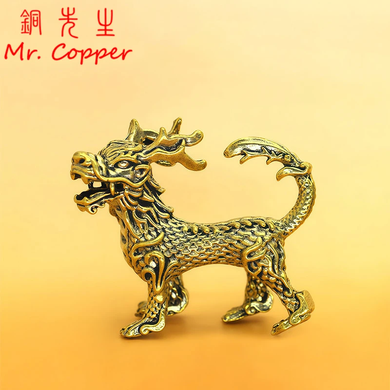 Vintage Brass Beast Yazi Miniature Figurine Chinese Anicent Myth Second Son of Dragon Desktop Statue Ornament Decor Tea Pet Gift