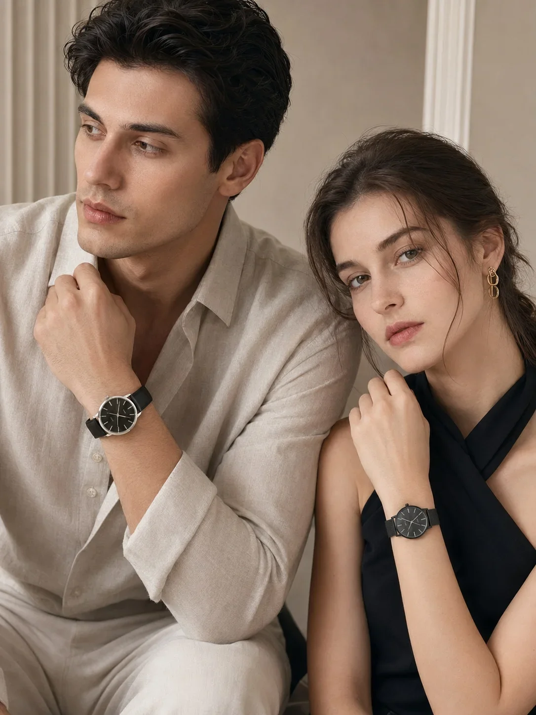 2Pcs Lovers Watch Set Classic Minimal Mesh & Leather Strap Analog Quartz Wristwatch Men Women Fashion Couple Matching Timepieces
