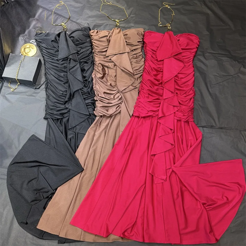 

Летнее женское платье без бретелек 2026, трикотажное, с рюшами, корсетное, плиссированная юбка, новая мода Y2K, вечернее платье для вечеринок