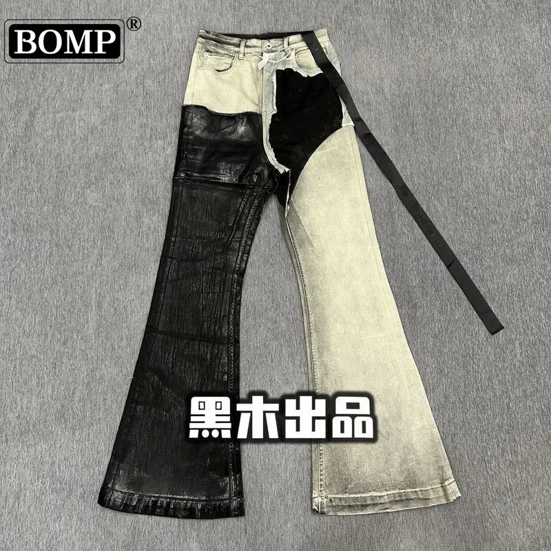 [BOMP] Autumn Black Wood Produces Ro Style Distressed, Washed, Patchwork Coating, Brushed Wax, High Street Stacked Denim Pants