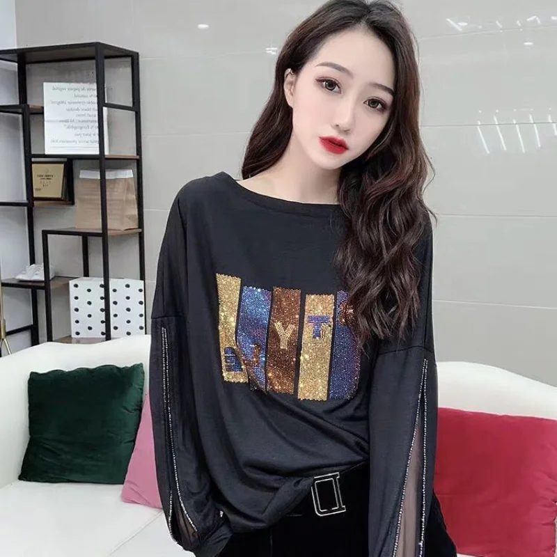 Tee Black Tshirt Loose Rhinestone Clothing Glitter Sequin Woman T-shirt Mesh Top For Women Offer High Quality 2024 Polyester O