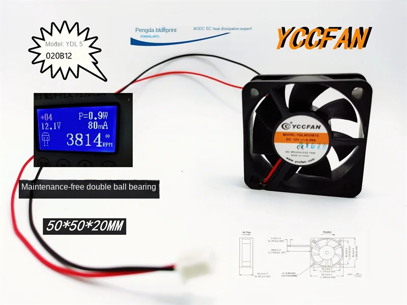 Nieuwe Ydl5020b12 Dubbele Kogellager 12v0.09a 5020 5Cm Chassis 50*20Mm Warmteafvoer Fan 50*50*20Mm