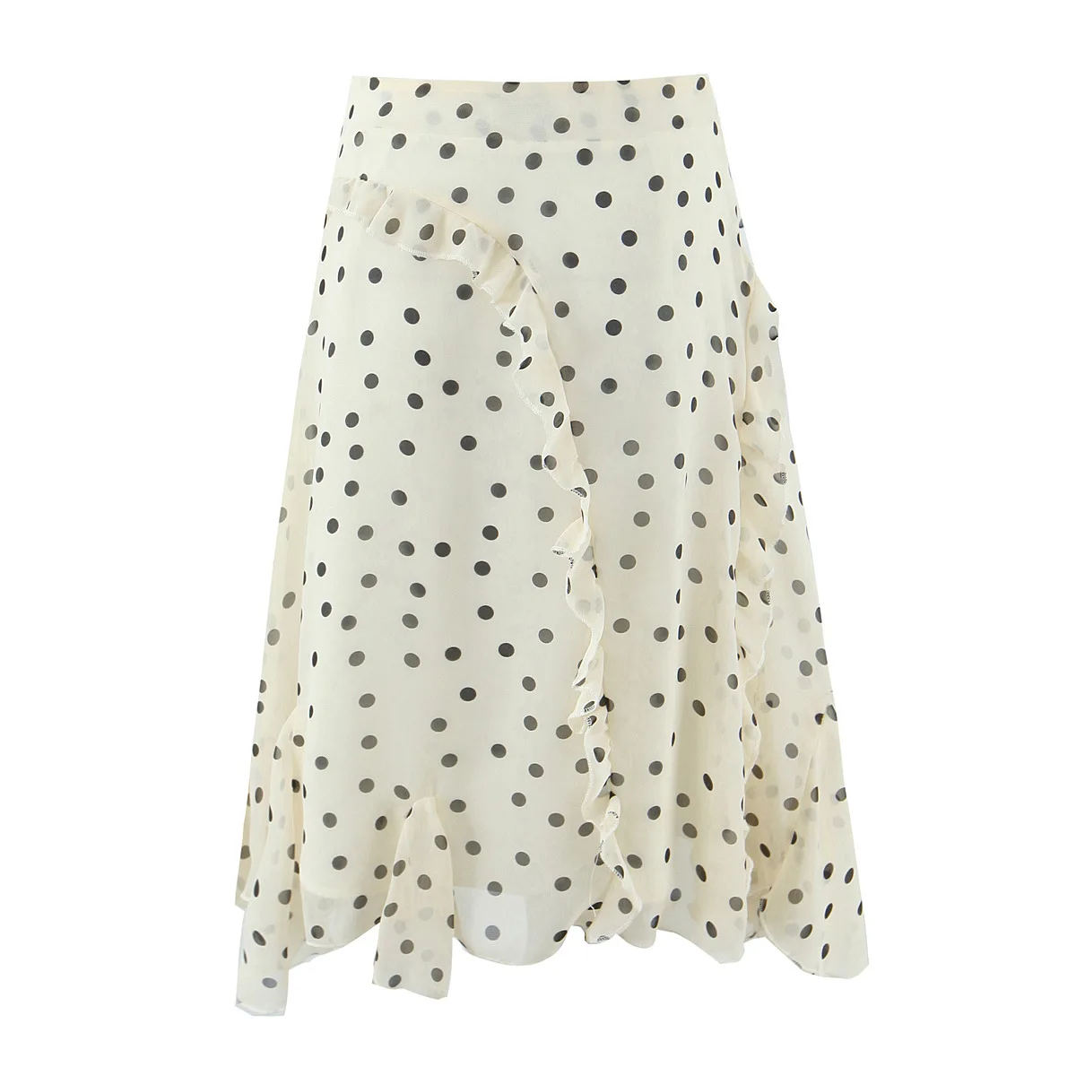 

New French Style Skirt Elegant Polka Dot Skirt Ivory Polka Dot Midi Skirt For Women Ruffled Trim For Feminine Daily Fashion O1VE