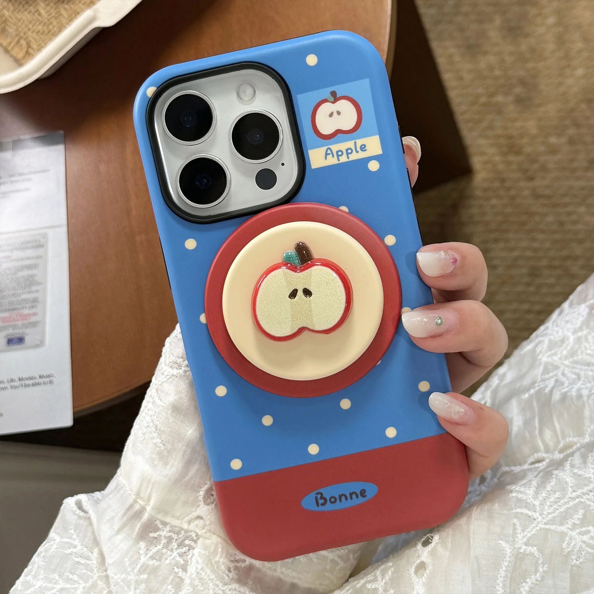Koreanische Polka Dots 3D-Sliced Apple Bracket magnetische Handyhülle für iPhone 17 12 13 Mini 11 14 15 16 Pro Max stoßfeste Hardcover