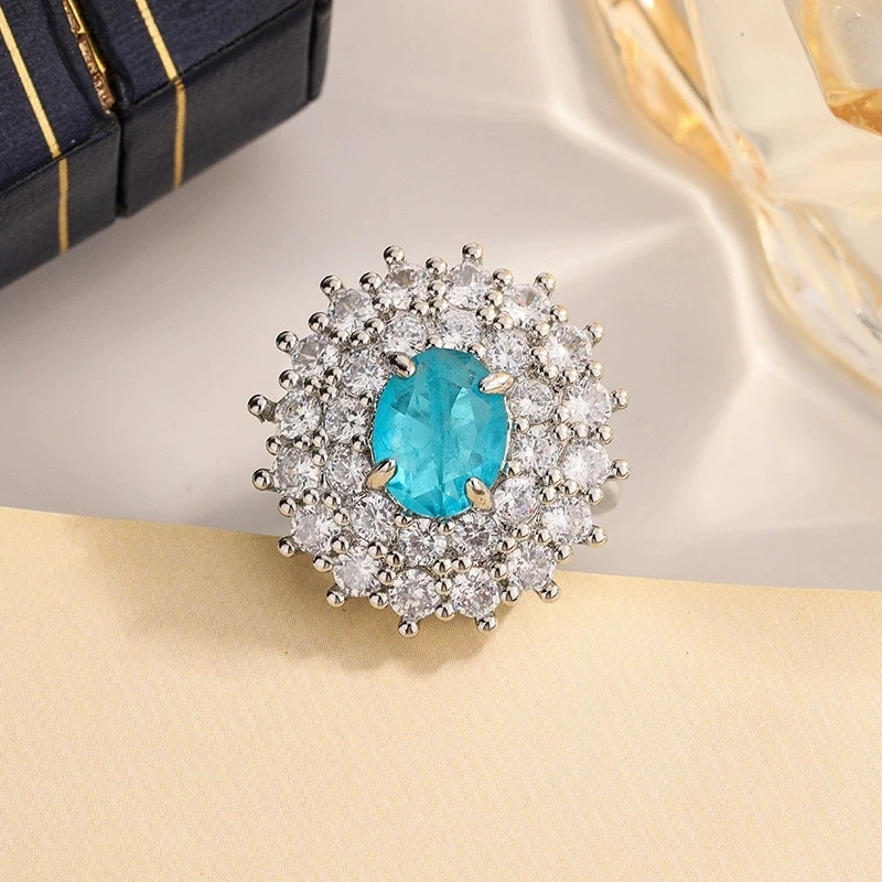 

Модное женское кольцо из стерлингового серебра 925 пробы с круглым сапфиром Параиба и геометрическим цирконием, подарок на годовщину, ювелирное украшение