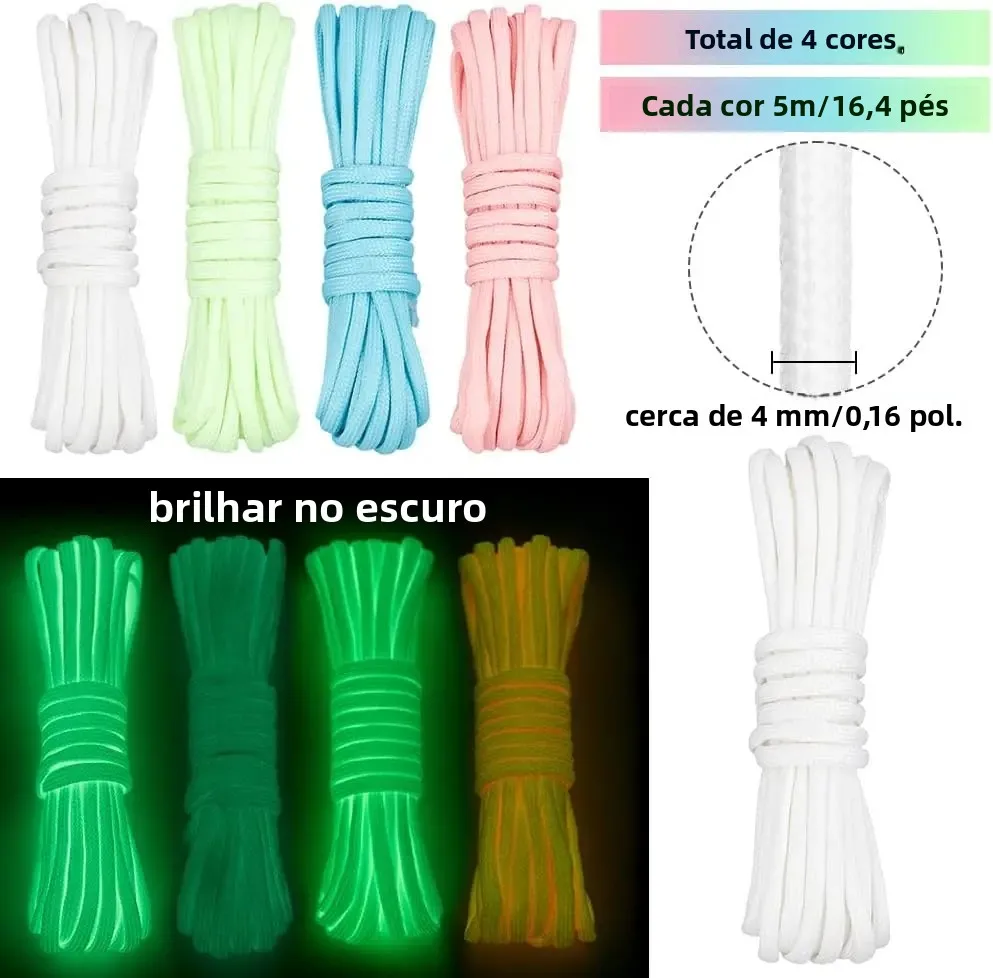 Corda Paracord Luminosa de 4mm com 9 Fios de Nylon 550, Corda para Barraca que Brilha no Escuro, Cordão de Paraquedas para Camping e Sobrevivência EDC