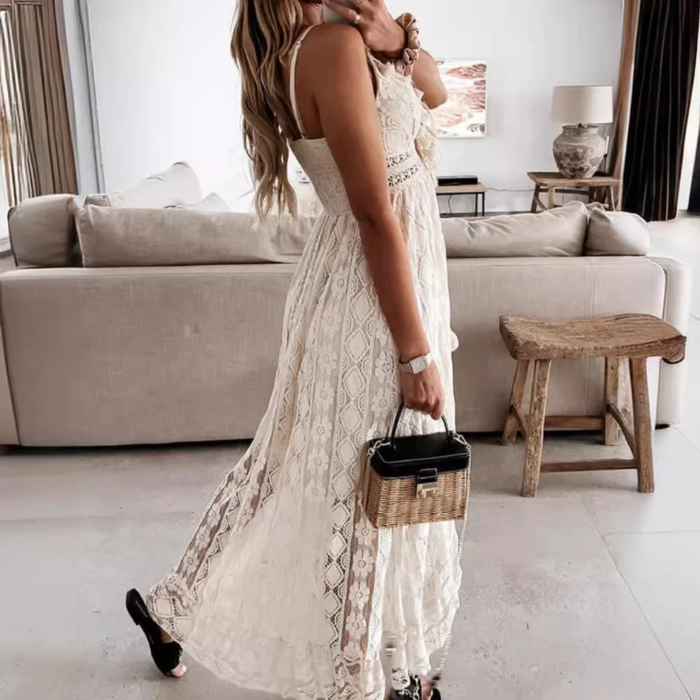 女性用ストラップAラインドレス2026春夏新作レディースマキシキャミドレスレースパッチワークファッションノースリーブビーチドレス