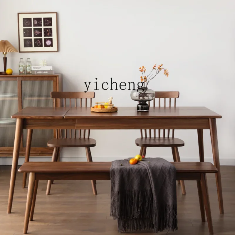 

Solid Wood Retractable Dining Table Household Minimalist Folding Dining Table Black Walnut Dining Tables and Chairs Set