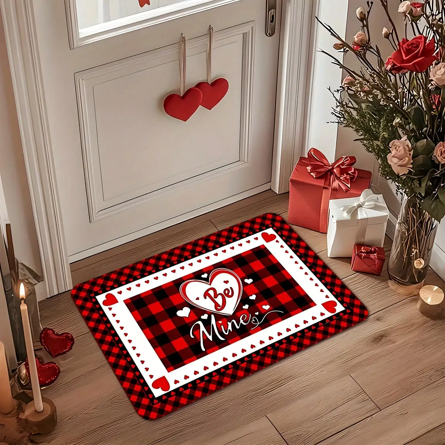 1pc Premium Flannel Valentine's Day Red Black Buffalo Plaid Love Heart Shaped Doormat, Non-Slip And Washable Fade Resistant Kitchen Dining Room Hallway Bathroom