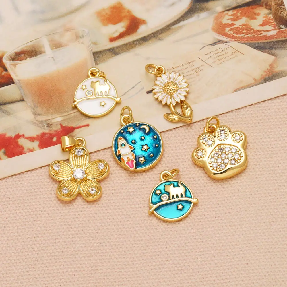 OCESRIO Enamel Rocket Cat Pendant for Bracelet Copper Gold Plated Crystal Paw Flower Charm for Jewelry Making Findings chma653