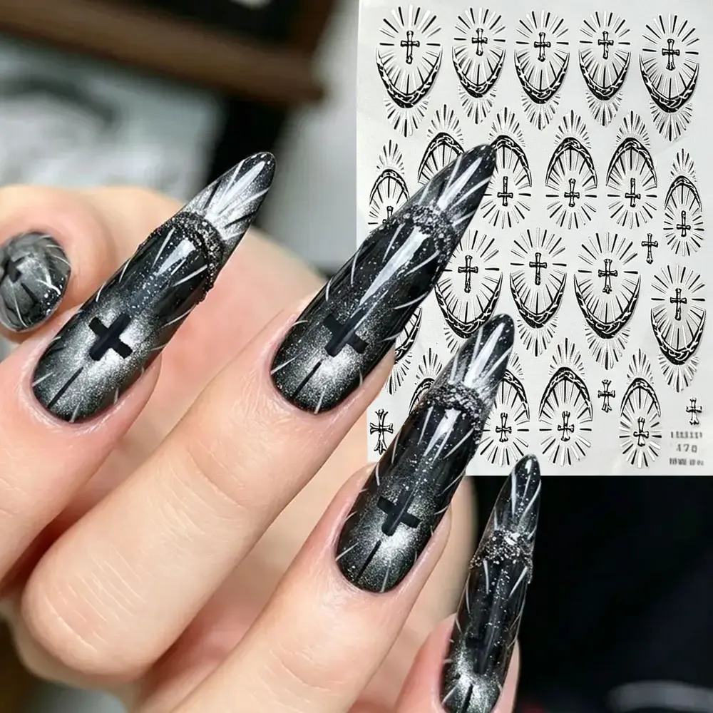 1sheet Metallic Texture Gothic Black Cross Nail Stickers Metal Black French Sun Line Nail Decals DIY Adhesive Decorative Sticker