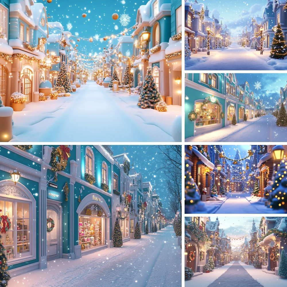 

Christmas Snow Street Photography Backdrop Winter House Outdoor Glitter Tree Scenery Kids Portrait Photo Background