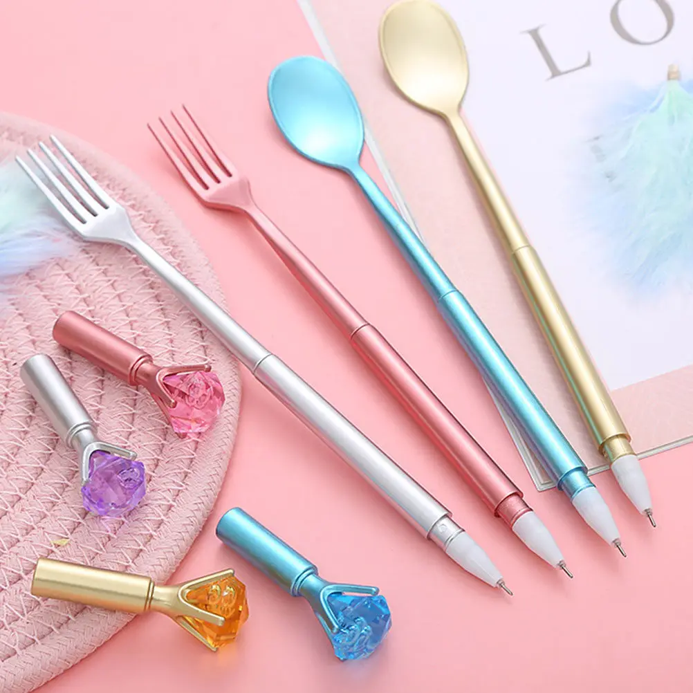 

4Pcs Cartoon Style Fork Spoon Gel Pens Creative Diamond Tableware Design Smooth Writing Office Students School Supplies