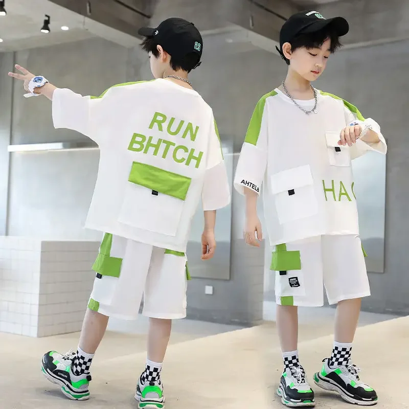 Summer Teenage Boy Short Sleeve Clothes Set Children Letter Print Top and Bottom 2 Pieces Suit Kid T-shirts Shorts Tracksuit