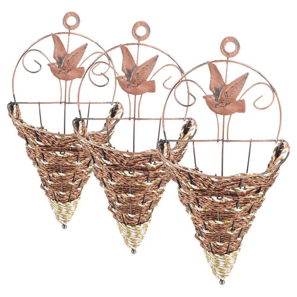 3Pcs Wall Hanging Flower Basket Cone Shaped Simulated Rattan Iron Rustic Woven Flower Pot Holder Indoor Outdoor Wall Mounted