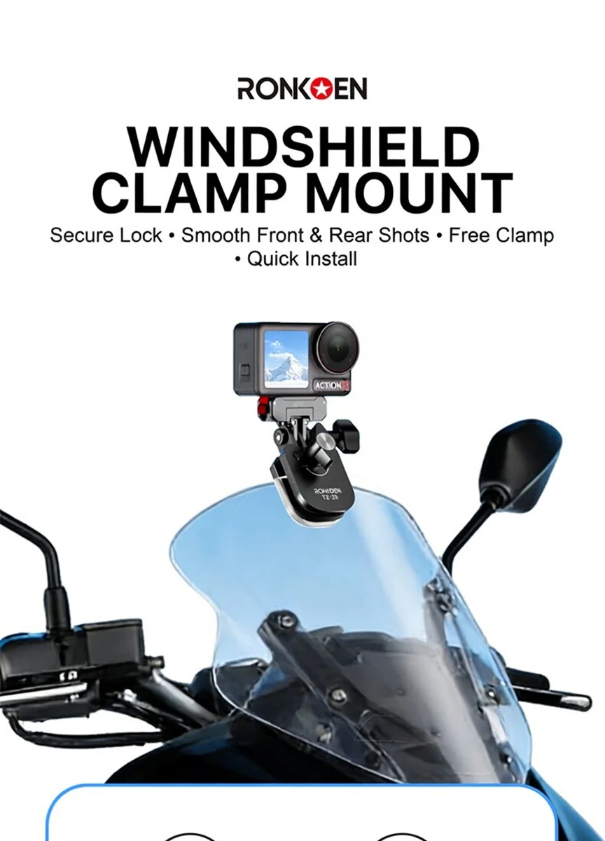 Ronkoen TZ-25 für Insta360 X4 Ace Pro 2 / DJI Action 5 Pro Action6 Kamera Motorrad-Windschutzscheiben-Klemmhalterung aus Aluminiumlegierung – Detail 1