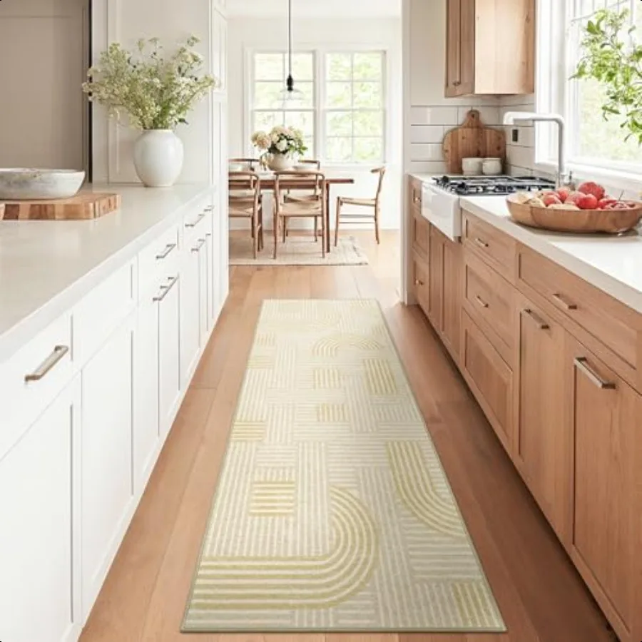 

Washable Runner Rug Soft Modern Printed Rug Runner Abstract 2x5 Runners for Hallways Kitchen Laundry Abstract Yellow Beige