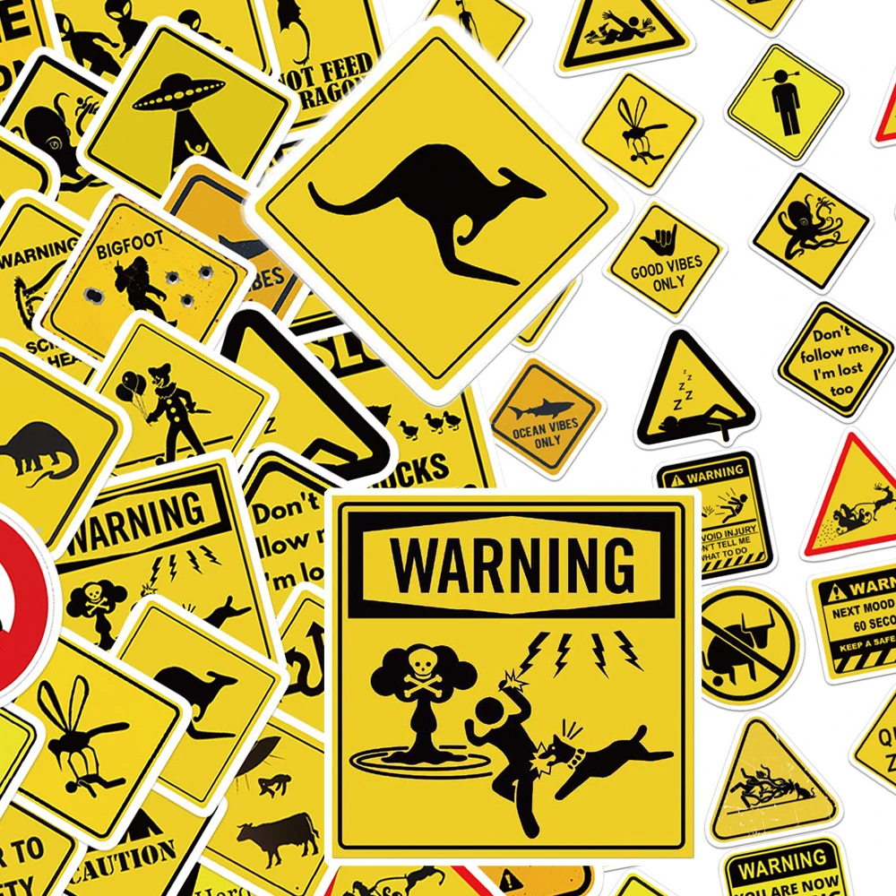 

10/30/53pcs Funny Creative Warning Sign Stickers Caution Animals Aliens Cartoon Decals Skateboard Phone Laptop Sticker Packing