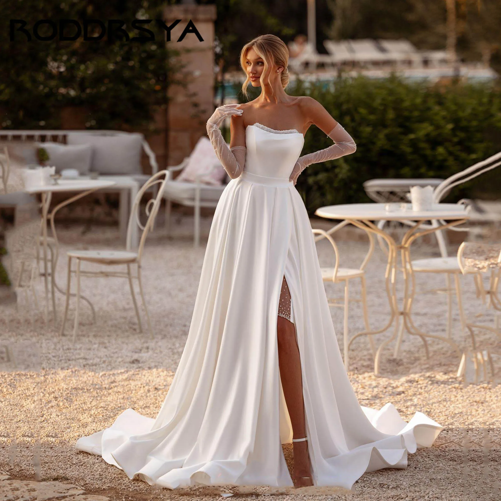

RODDRSY Minimalism Wedding Gown Detachable Train A-line Strapless Bride Dress Satin Backless Simple vestidos de novia Customized