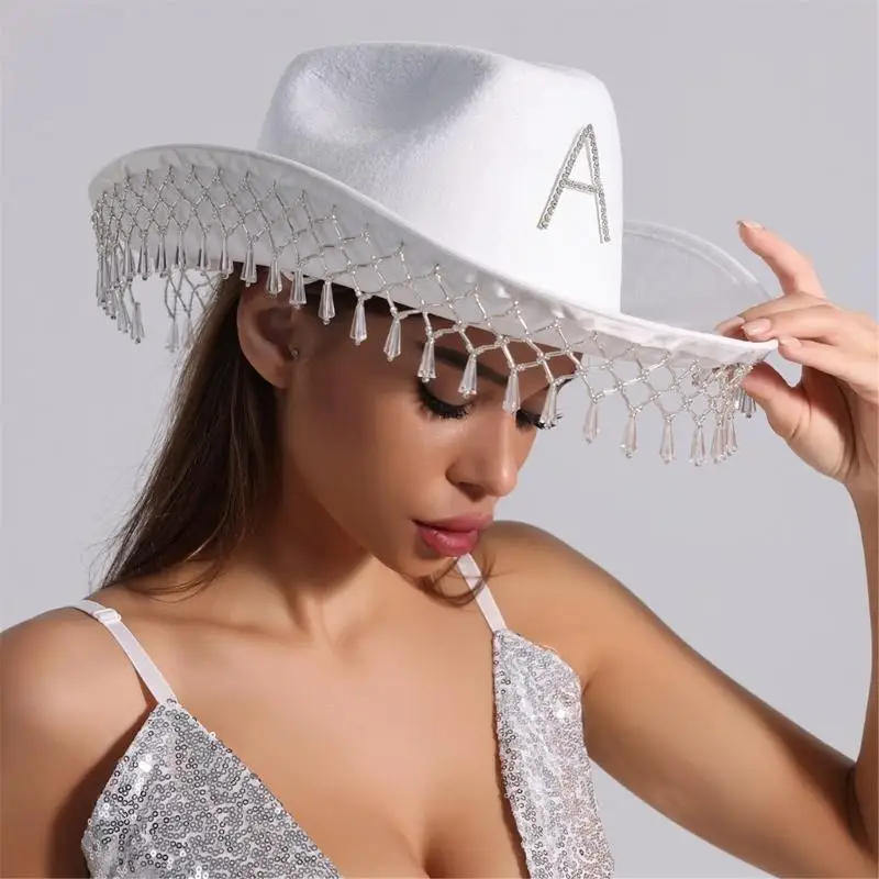 39BD Cowgirl-Hut mit Fransen und Strasssteinen für Damen, Cosplay-Kostüm, Junggesellenabschied, Kopfbedeckung, Hochzeit – Detail 7