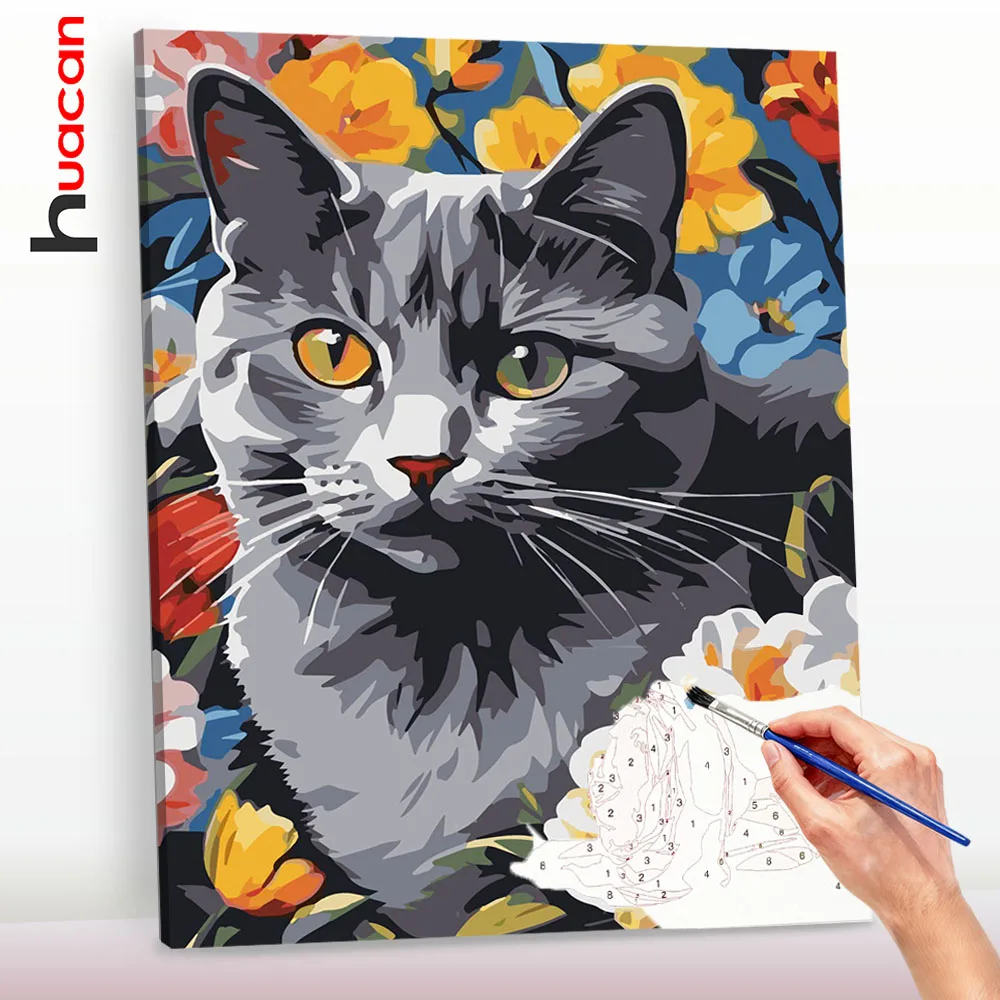 Huacan Katzen-Malen-nach-Zahlen-Set, DIY Ölgemälde nach Zahlen, Blumen, handgemachtes Geschenk, Wanddekoration ﻿ ﻿ ﻿