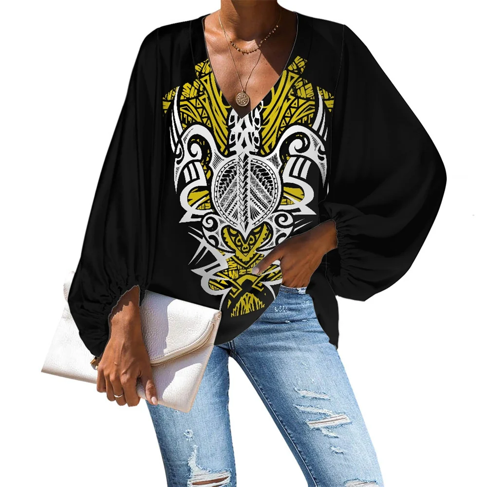 Autumn Women Chiffon Loose Long Sleeve Casual Blouses Polynesian Tribal Islands Clothing Samoa Hawaiian Red Print Shirt 2023