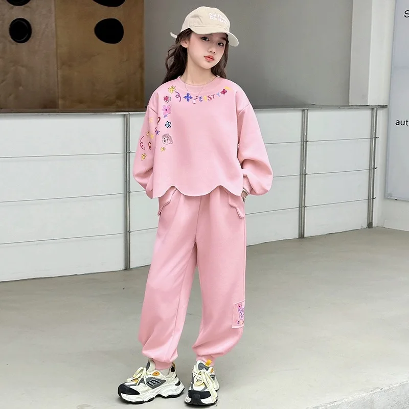 Girls Cotton Stylish Cartoon Patch Wavy Cut Sweatshirt+Sweatpant Set School Kids 2PCS Tracksuit Children Jogging Outfit