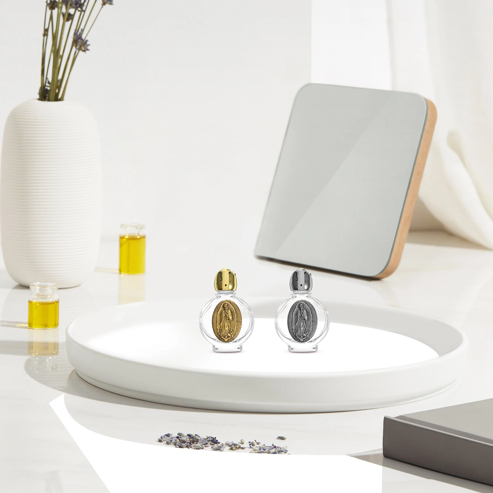 

4Pcs Metal Embossed Glass Holy Water Bottles Refillable Small Bottles for Blessing Baptism Church Decoration and Religious Use