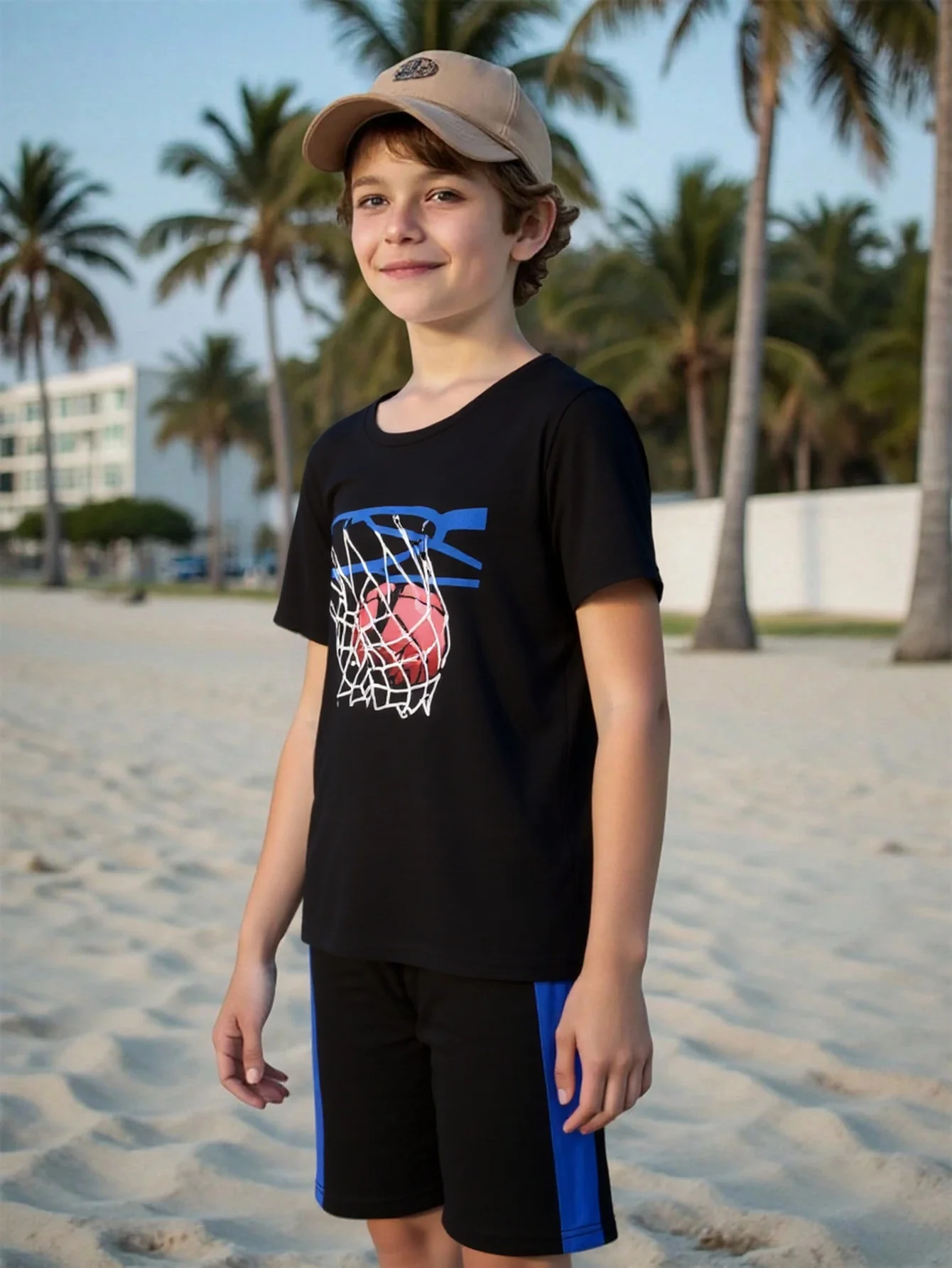 Tween Boys Casual Basketball Pattern Short Sleeve Shorts Set Summer Outdoor Beach Vacation Style Sportswear