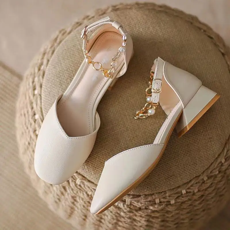 Summer 2024 Women\'s Shoes Pearl Square Heels for Office Work Medium Sandals Woman Footwear H on Offer Designer Luxury Original