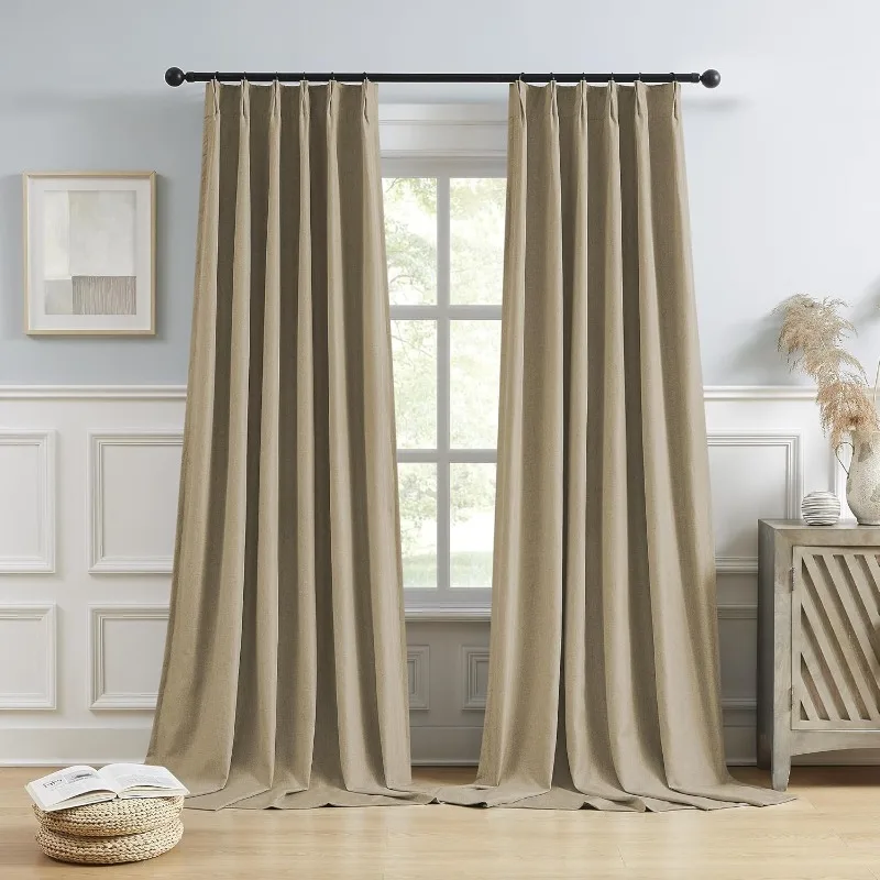 Taupe Blackout Pinch Farmhouse 100% Blackout Thermal Insulated Back Tab Drapes with Hooks for Track System 2 Panels W40xL132