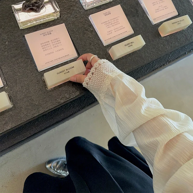 

Ele Vintage Lace Long Sve irt Wrinkles Sense Small Size Women's Busin Casual Straight Leg Pants Outfit Polyester ...