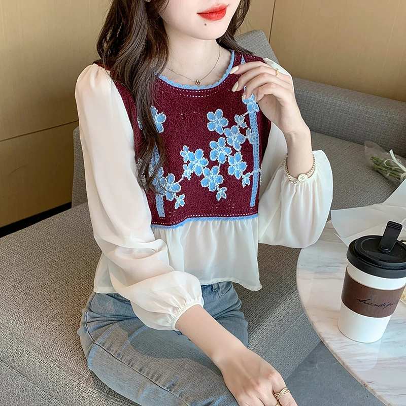 Boring Honey Bead Embroidery Chiffon Splicing Fashion Women Blouses Round Collar Hollow Out Edible Tree Fungus Women's T-Shirt