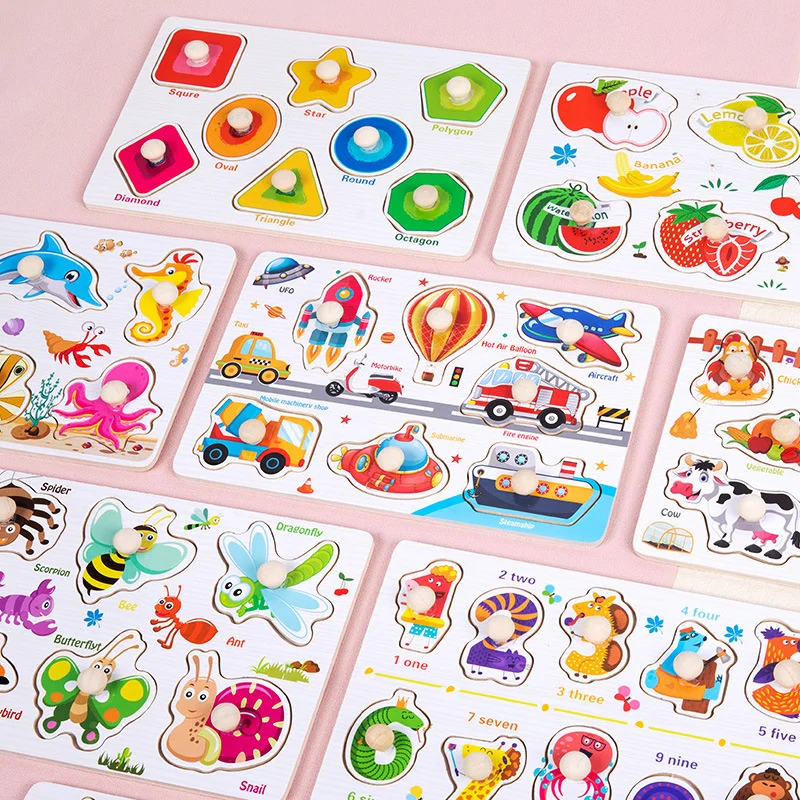 

Montessori Early Education Handheld Board Baby Puzzle Matching Panel Toy Cartoon Animals Fruits 3D Puzzles