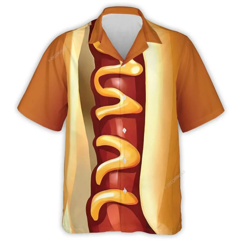 Funny Food Sausage Shirts For Men 3D Print Hot Dog Summer Hawaiian Beach Camisa Casual Short Sleeve Lapel Blouse Tops Clothing