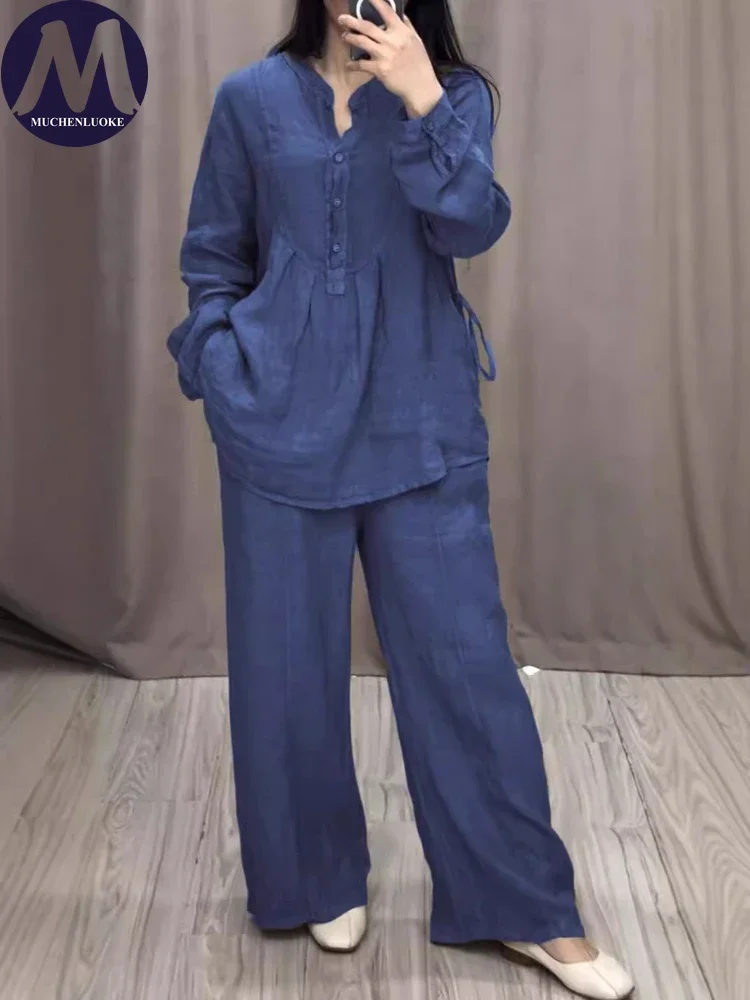 2 قطعة مجموعة للمرأة الصيف جديد أنيق القطن الكتان طويلة الأكمام نصف بالأزرار القمم الدعاوى المألوف عارضة فضفاض بانت مجموعات