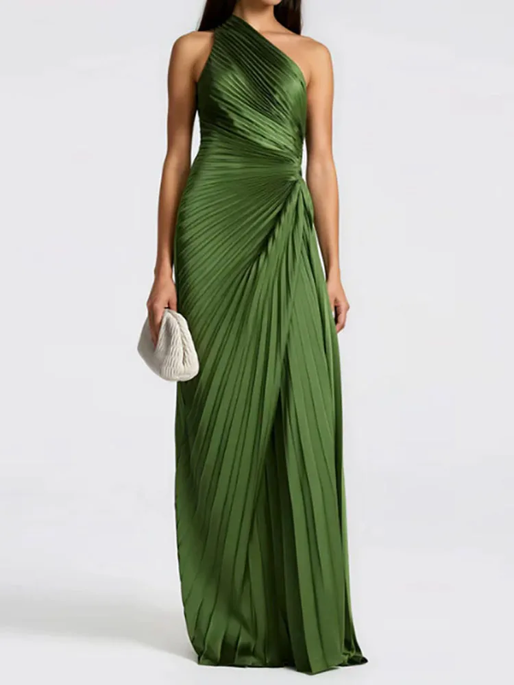 Modisches Hochgeschnittenes Plissiertes Urlaubskleid Elegantes Ärmelloses Einfarbiges Schlankes Langes Kleid Sexy Asymmetrisches Ausgeschnittenes Damen-Bankett-Kleid