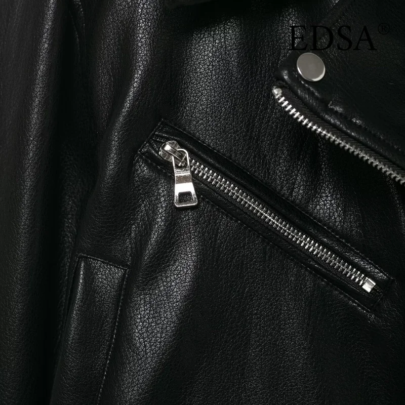 EDSA 여성용 PU 블랙 프론트 지퍼 재킷 캐주얼 라펠 넥 긴 소매 여성 코트 아우터웨어