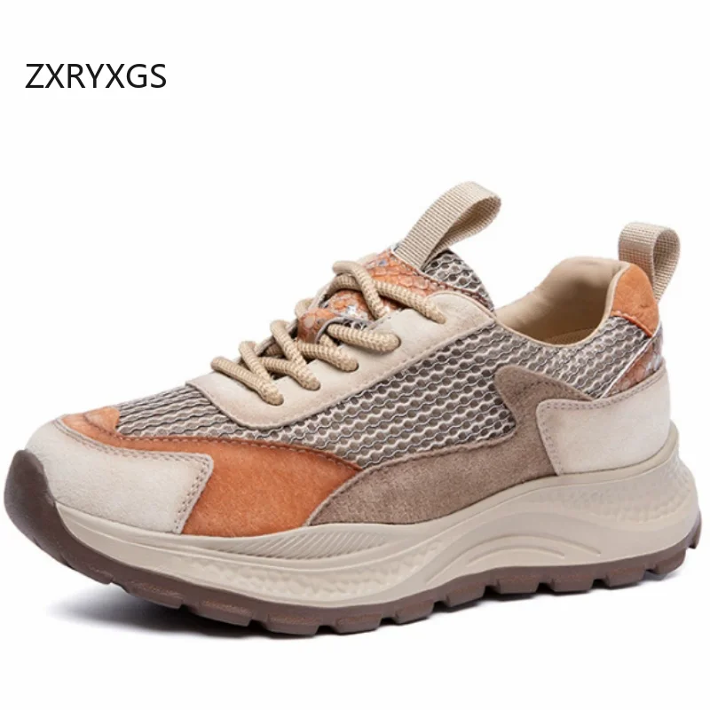 ZXRYXGS Matte Cowhide and Mesh Splicing Spell Color Travel Shoes Women Sneakers Casual Shoes Flat Non-slip Trend Shoes New 2026