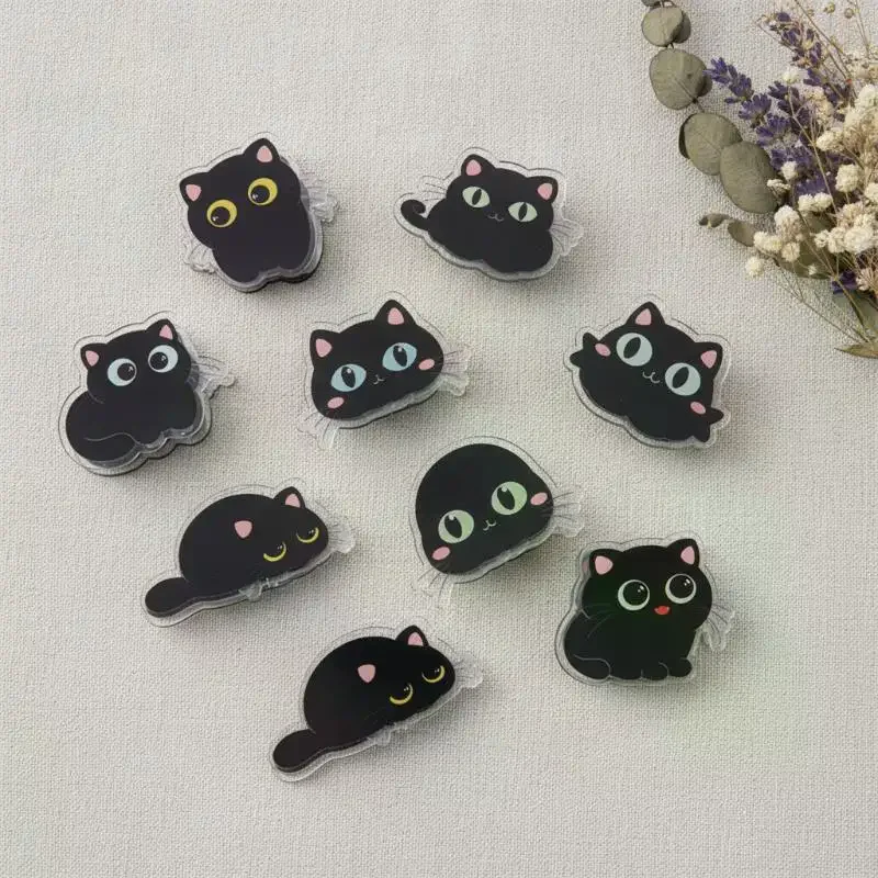 7Pcs Cute Black Cat Acrylic Clips Adorable Cartoon Strong Grip Non-slip for School Office Desk Organizing Gift Choice