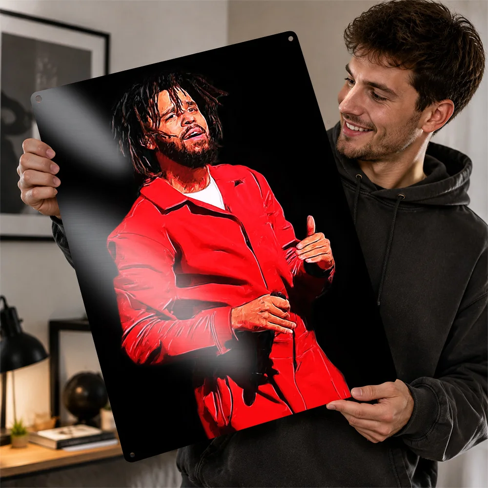J Cole Red Jacket Portrait Textured Metal Poster Painterly Wall Art For Music Studio Personalized Aluminum Sign Hip Hop Fan Gift